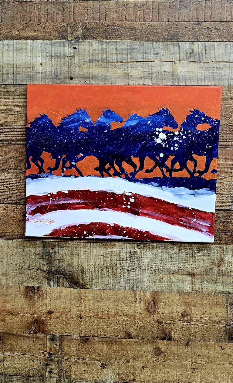 Blue silhouetted trees over red and white arcs on an orange background.