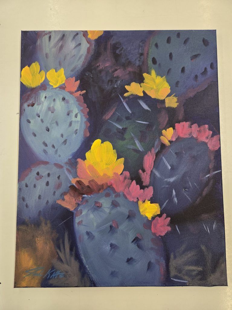 Painting of blue-green cacti with yellow and pink flowers against a dark background