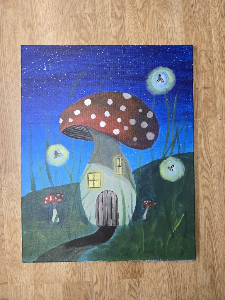 Whimsical painting of a mushroom house with glowing windows under a starry blue night sky.