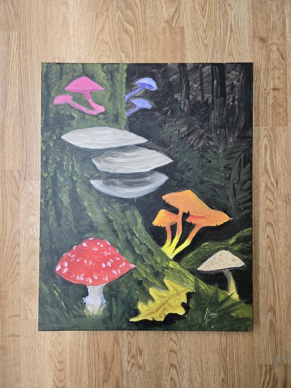 Colorful mushroom painting with pink, white, purple, orange, red, and yellow mushrooms on a dark forest background