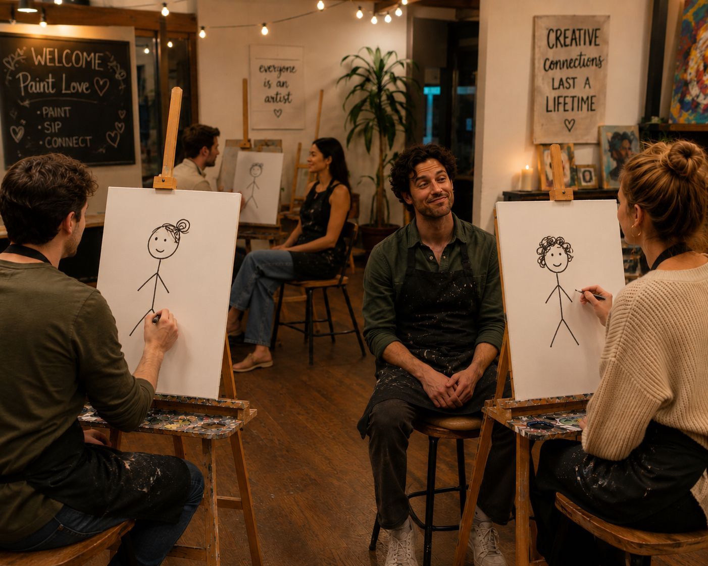 People sketching each other in a cozy art studio with easels and warm string lights.