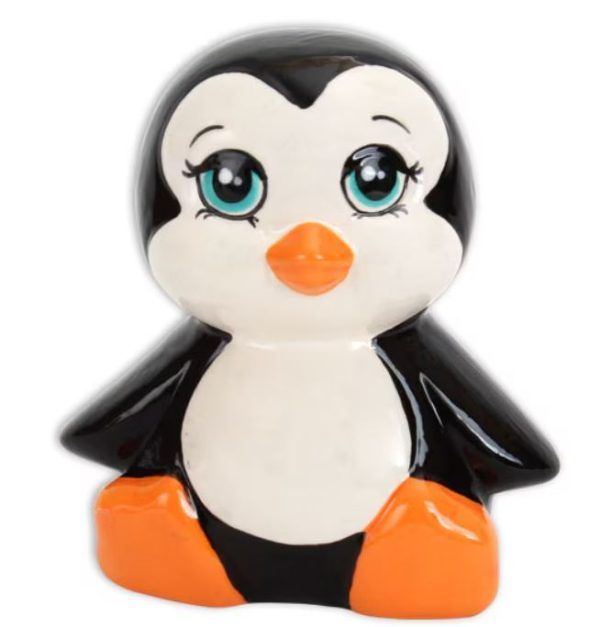 Cute black-and-white penguin figurine with orange beak and feet, smiling with big blue eyes