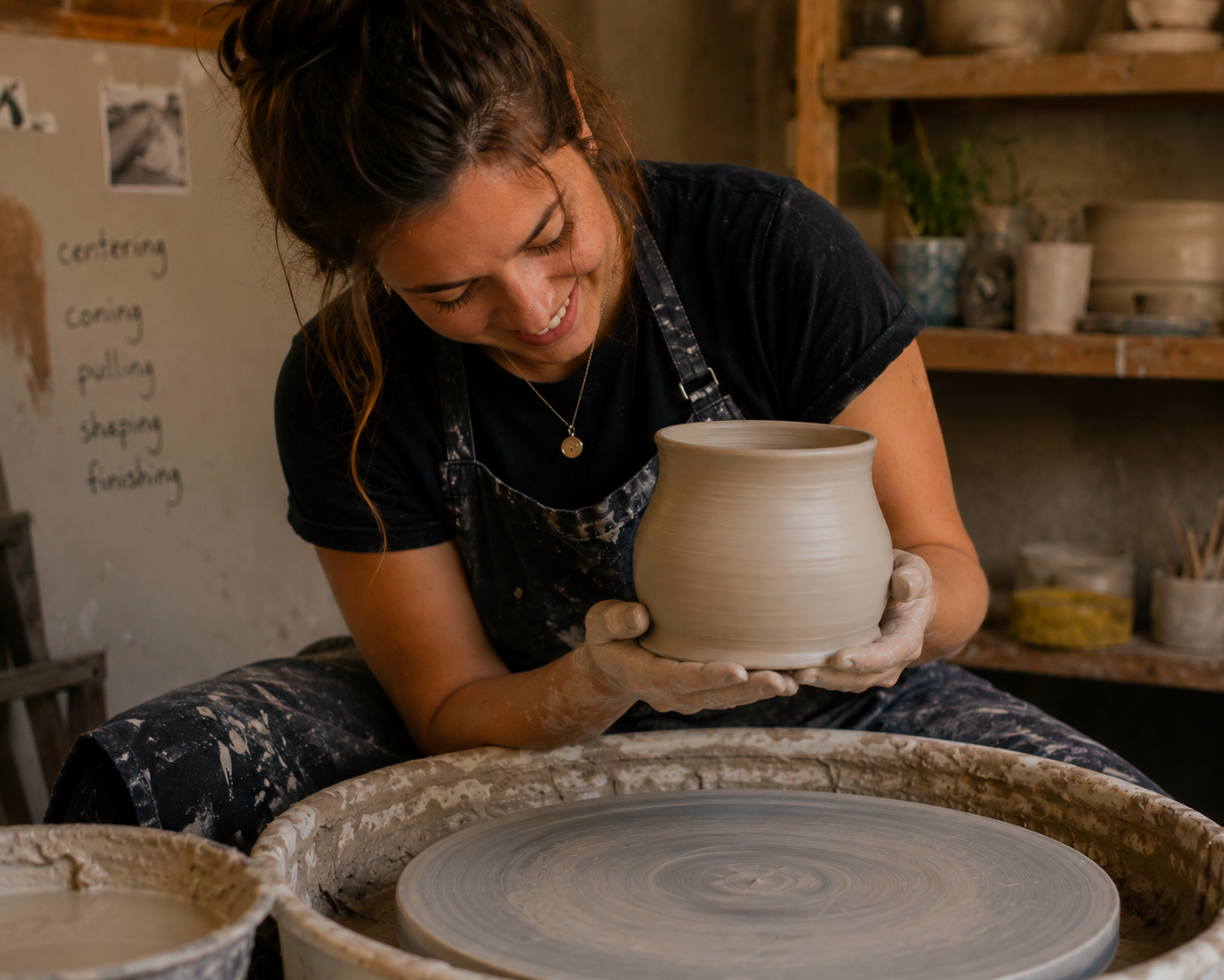 Potter shaping a clay vase on a pottery wheel in a studio
