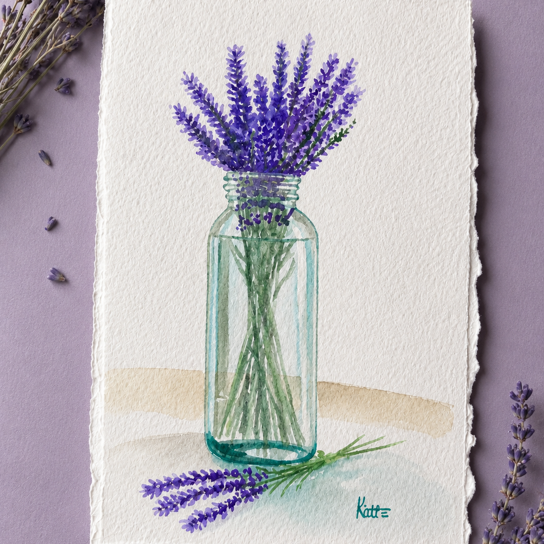 Watercolor of purple lavender in a glass vase with a sprig lying beside it.