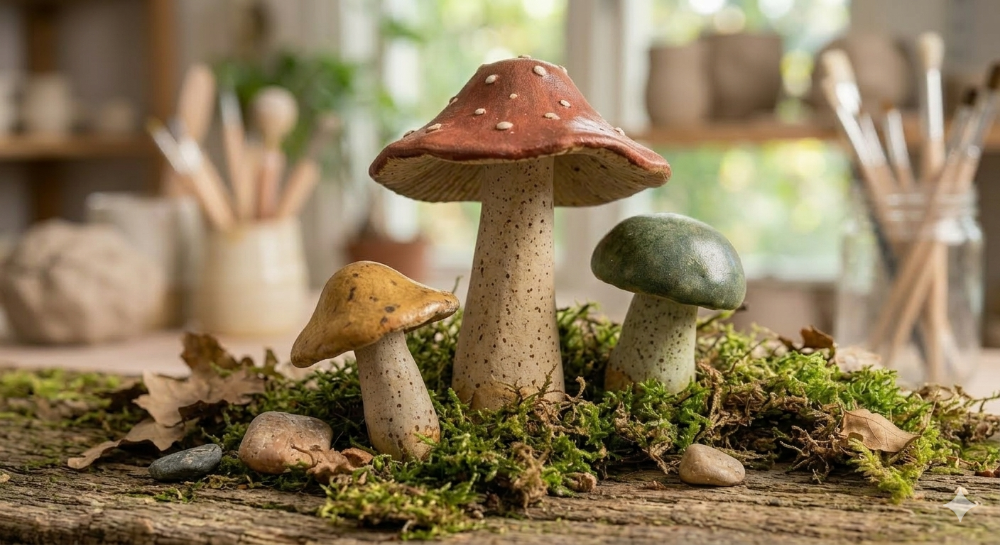 Three colorful mushrooms growing in moss on a rustic wooden surface