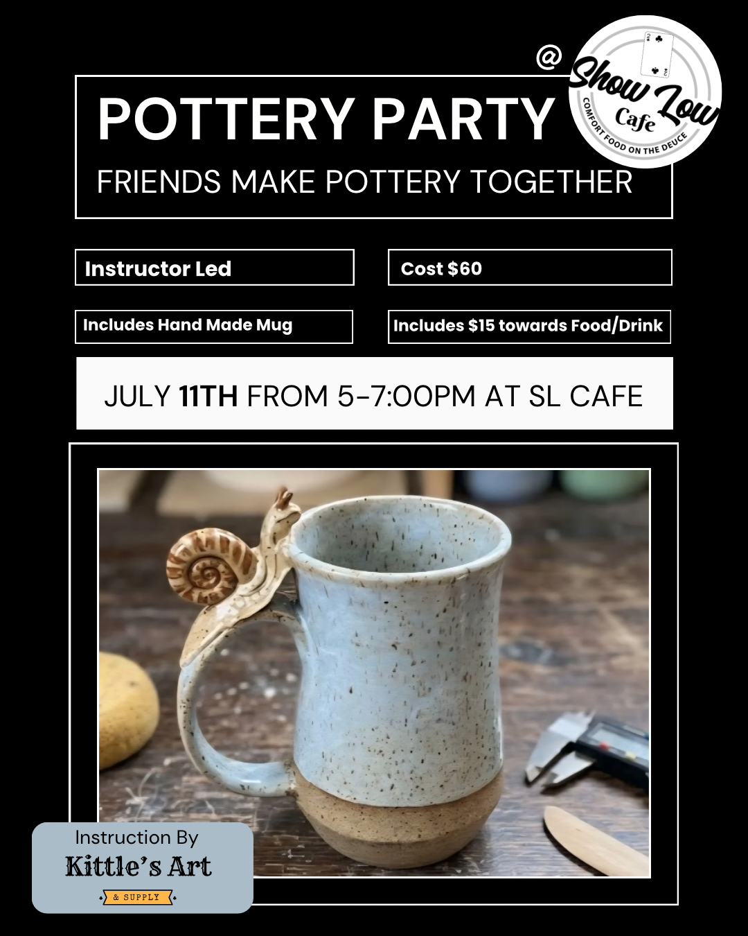 Pottery Party flyer with speckled mug, July 11 5–7 PM at SL Cafe, Friends Make Pottery Together