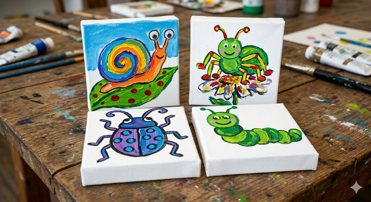 Four painted tiles showing a colorful snail, insect, bug, and caterpillar on a craft table