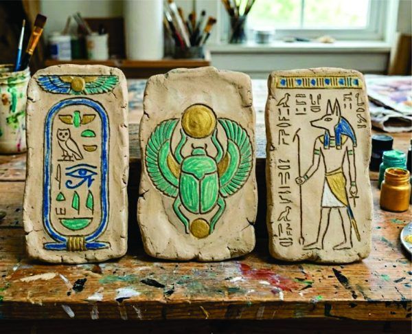 Three painted clay blocks with Egyptian-style symbols and a winged scarab on a paint-splattered workbench