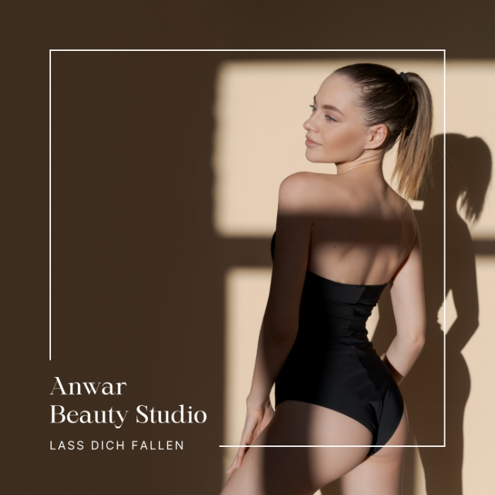 Im Anwar Beauty Studio gibt es ein Bild einer Frau in einem schwarzen Bodysuit