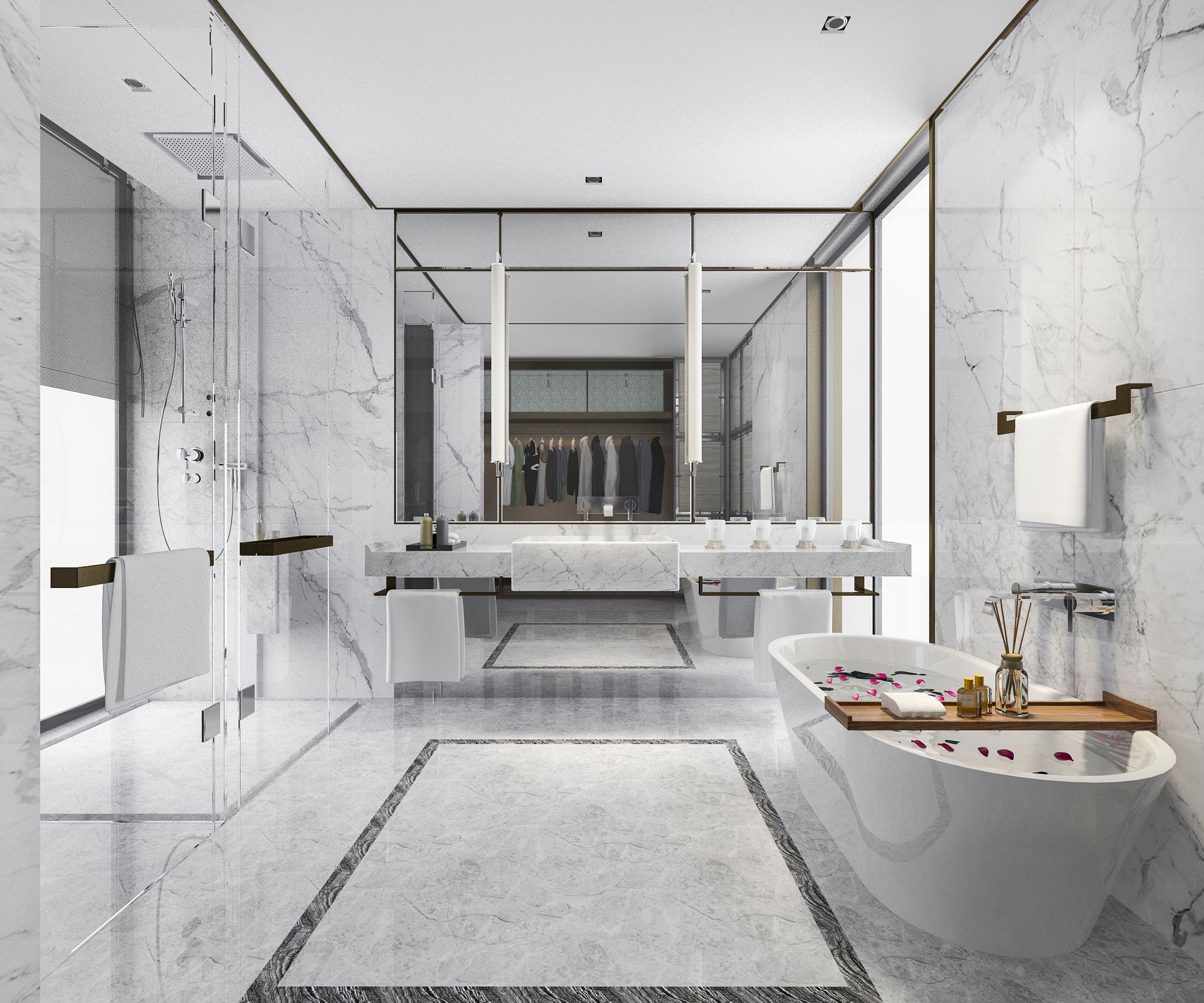 A bathroom with a bathtub , sinks , mirrors and a walk in shower.