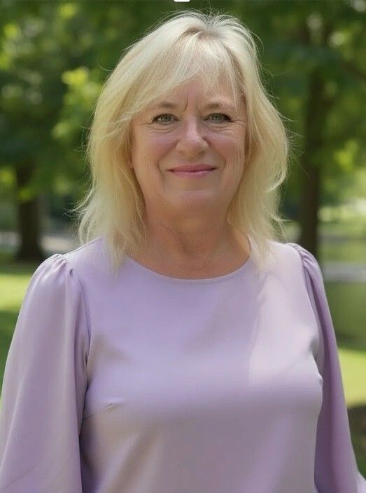 Portrait of a smiling person with blonde hair wearing a light purple top outdoors in a park