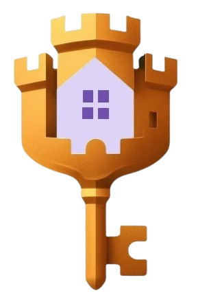 Orange key with a castle emblem and purple house icon in the center