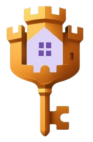 Orange key with a castle emblem and purple house icon in the center