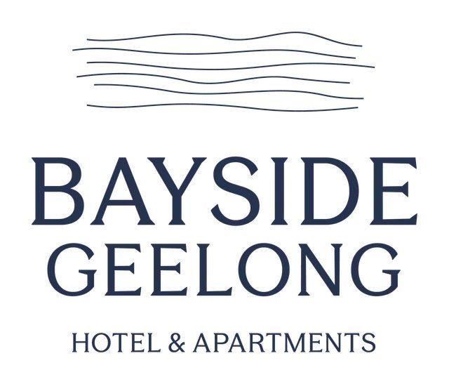 Bayside Geelong Hotel & Apartments logo with blue text and wave lines above