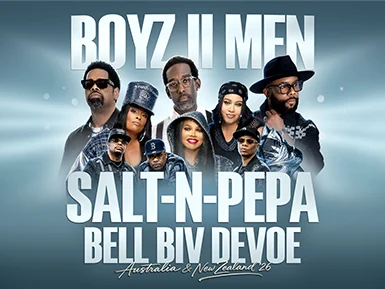 BOYZ II MEN, Salt-N-Pepa, and Bell Biv DeVoe concert poster with group portraits on a blue background