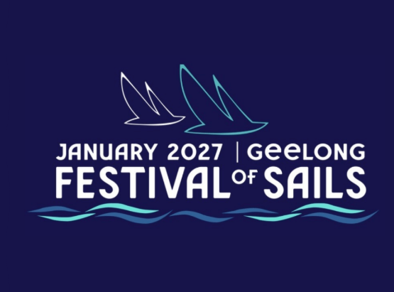 January 2027 Geelong Festival of Sails logo with two sailboats on a blue background