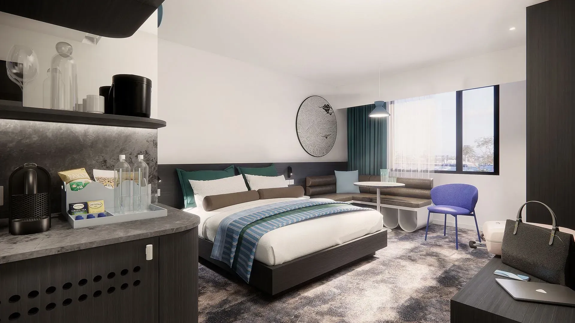 Modern bedroom with a bed, gray decor, desk, window, and wall clock.