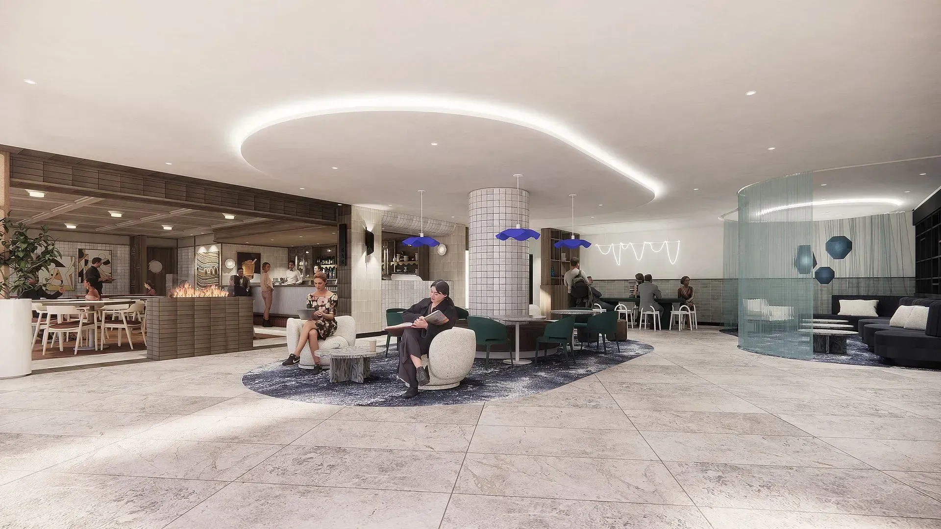 Modern hotel lobby with curved ceiling lights, marble floor, and people seated around a central lounge area