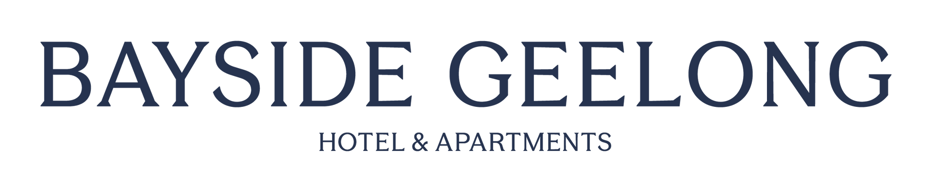 Bayside Geelong hotel and apartments logo in navy text on a white background