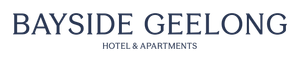 Bayside Geelong hotel and apartments logo in navy text on a white background