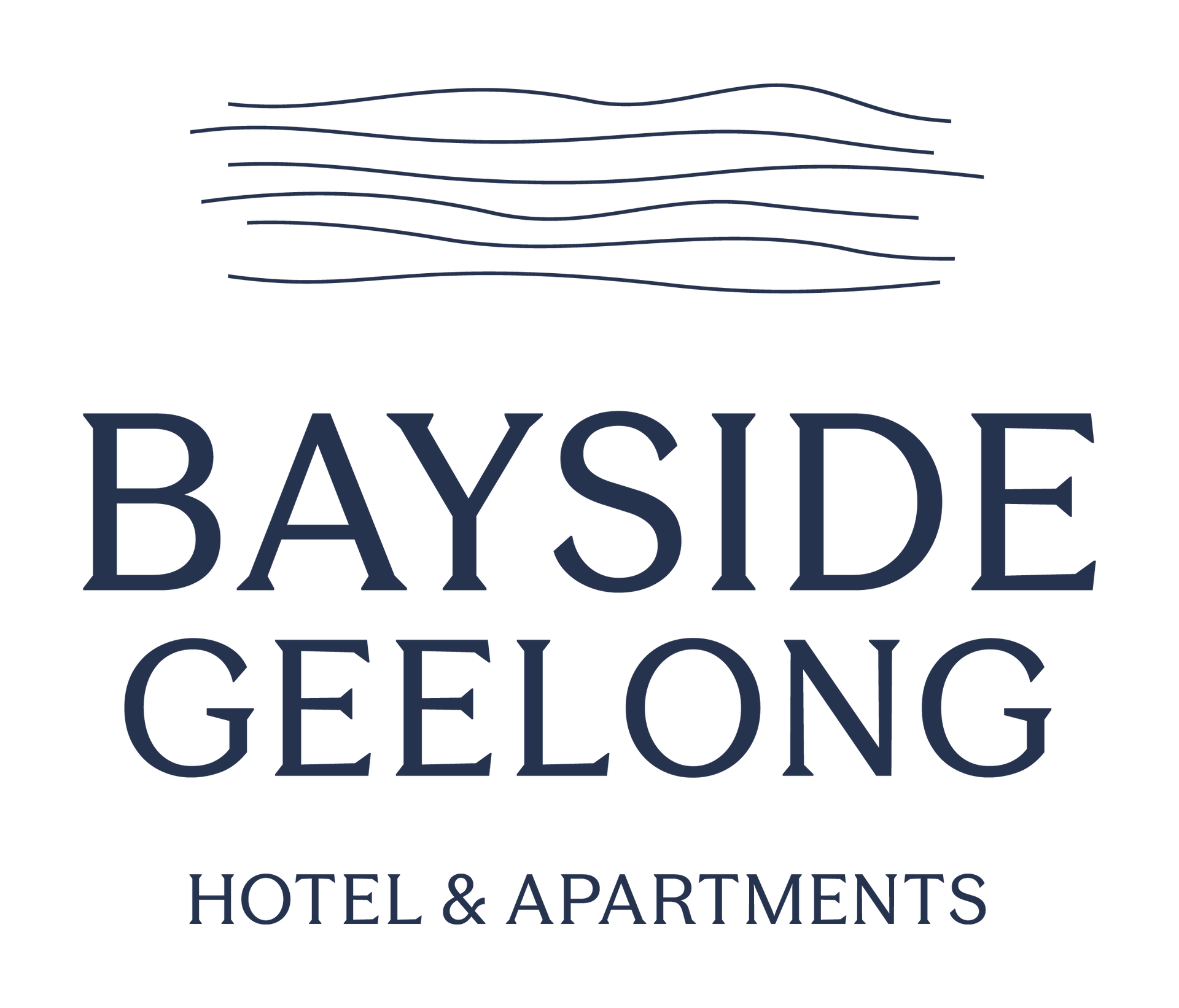 Bayside Geelong Hotel & Apartments logo in navy blue with stylized wave lines above
