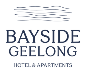 Bayside Geelong Hotel & Apartments logo in navy blue with stylized wave lines above