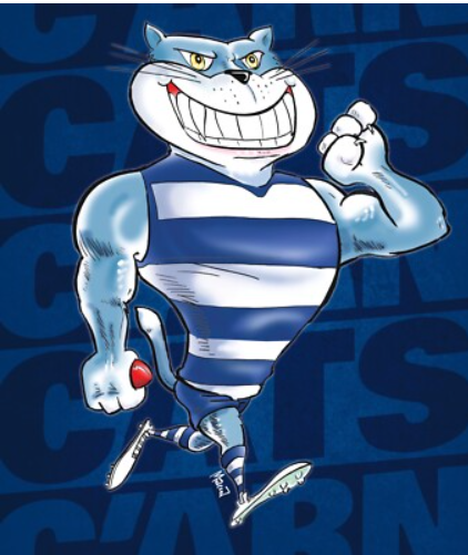 Cartoon blue-and-white striped cat mascot grinning and flexing a fist