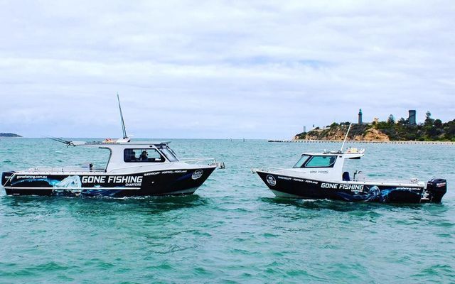 Two small white-and-black boats on turquoise water near a distant shoreline