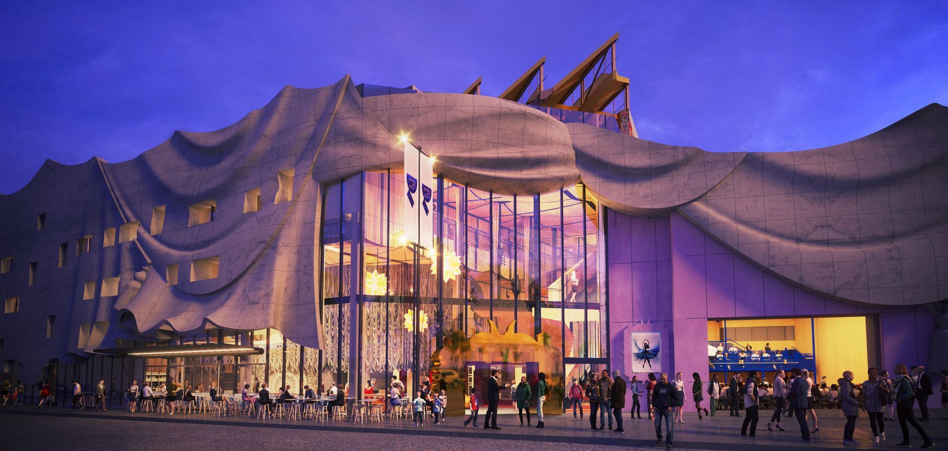 Illuminated modern building facade with draped fabric and people gathered at the entrance at dusk