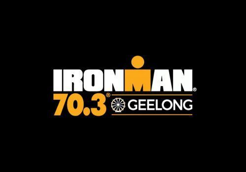 IRONMAN 70.3 Geelong logo in white and orange on a black background