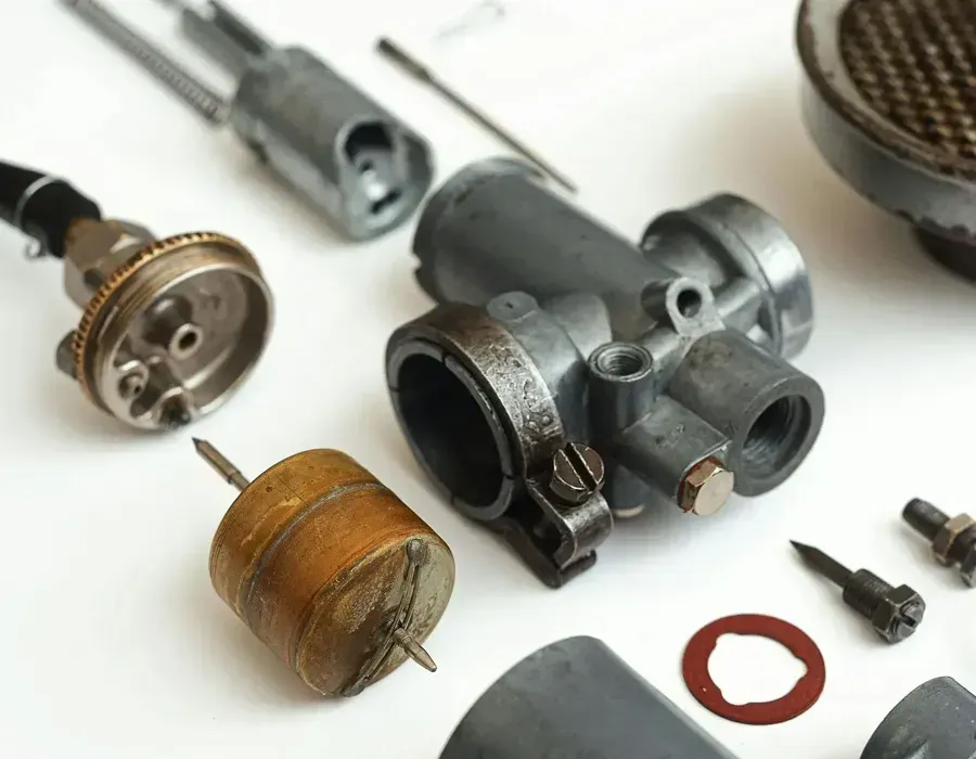 Scattered metal mechanical parts and small components on a white surface
