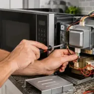 Hands using a screwdriver to repair an open microwave on a kitchen counter