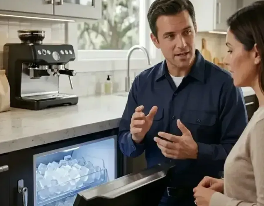 Man explaining a dishwasher to a woman in a bright kitchen