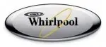 Whirlpool logo in black on a silver oval with a gold swirl accent