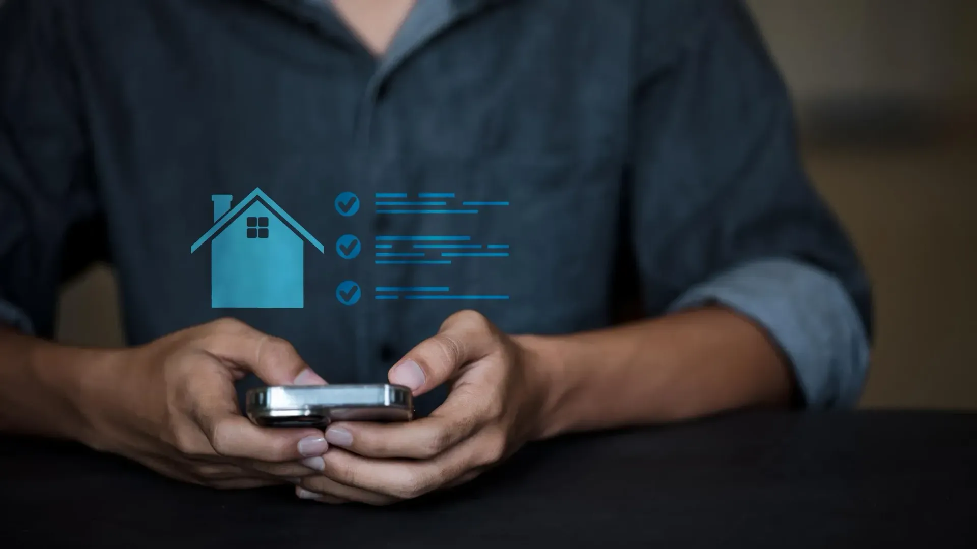 Person holding a smartphone with a holographic home automation interface overlay