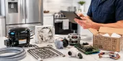 Person in a kitchen examining appliance parts and tools on a table with a tablet.