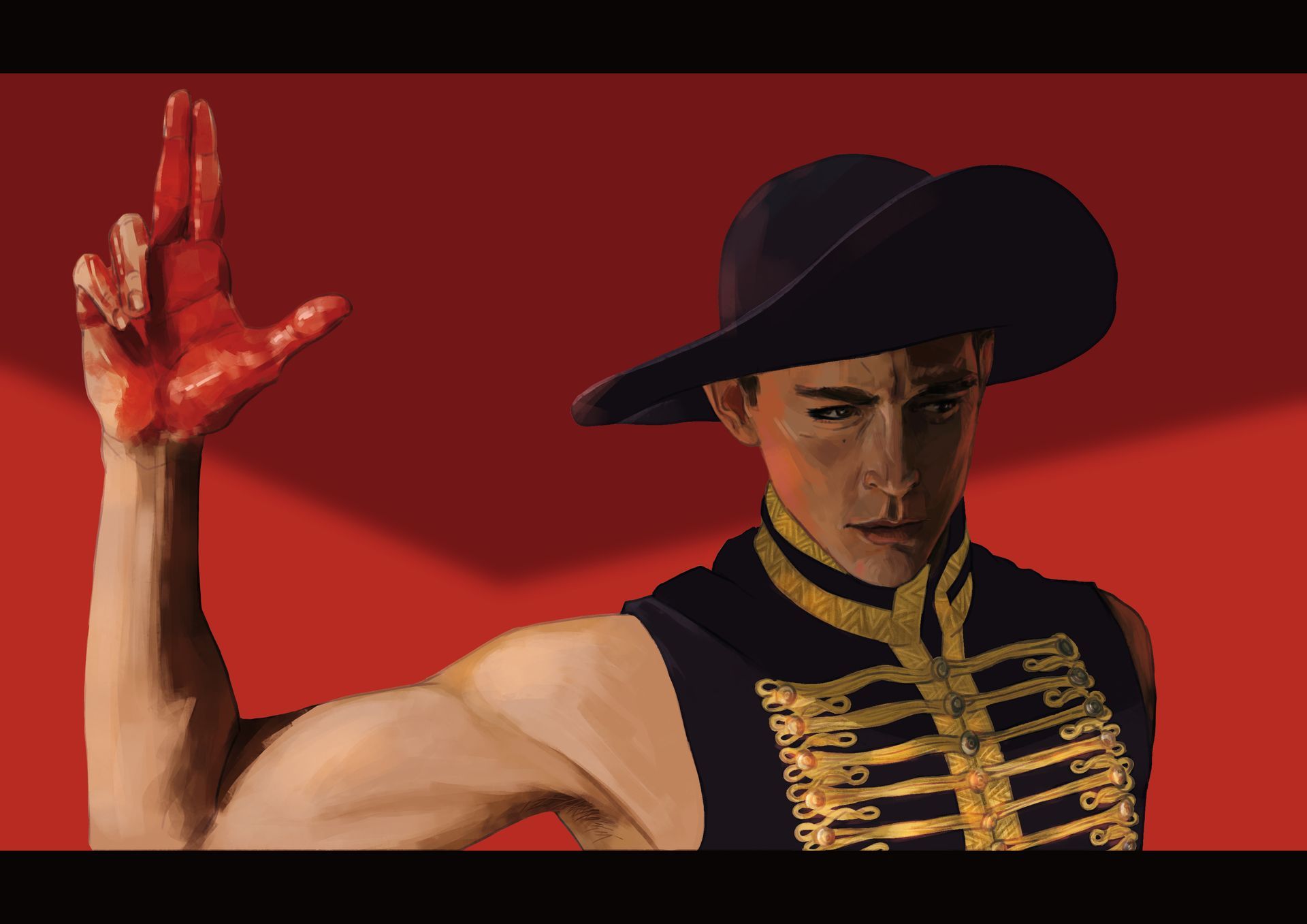 Frame painting of a still from the 2006 film The Fall, we see Lee Pace's character dressed in black against a red background.