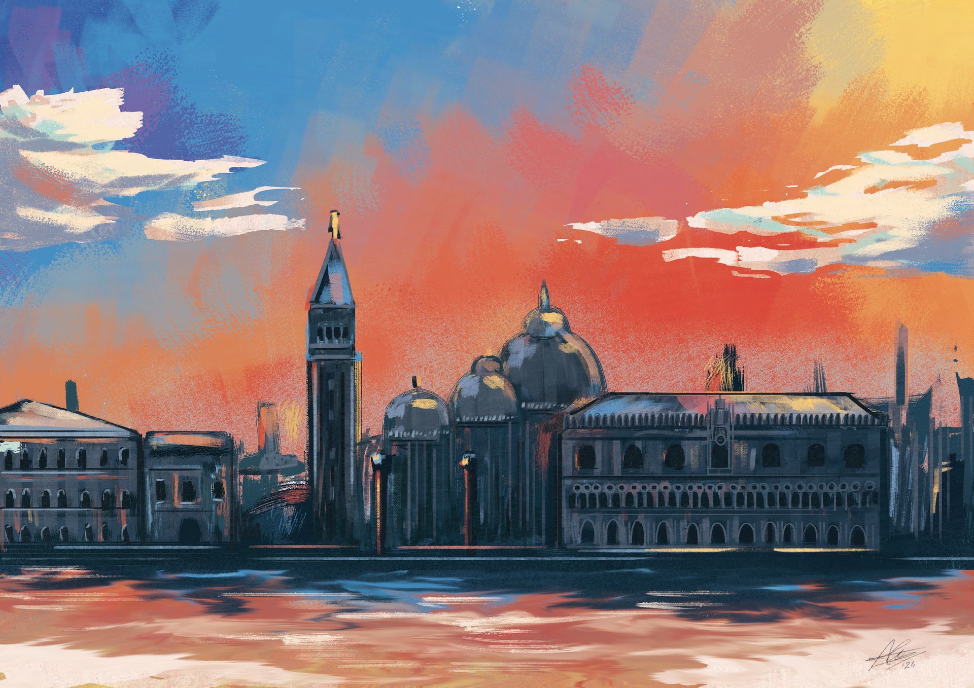 A colourful landscape painting of Venice, in the artistic Style of the videogame Disco Elysium