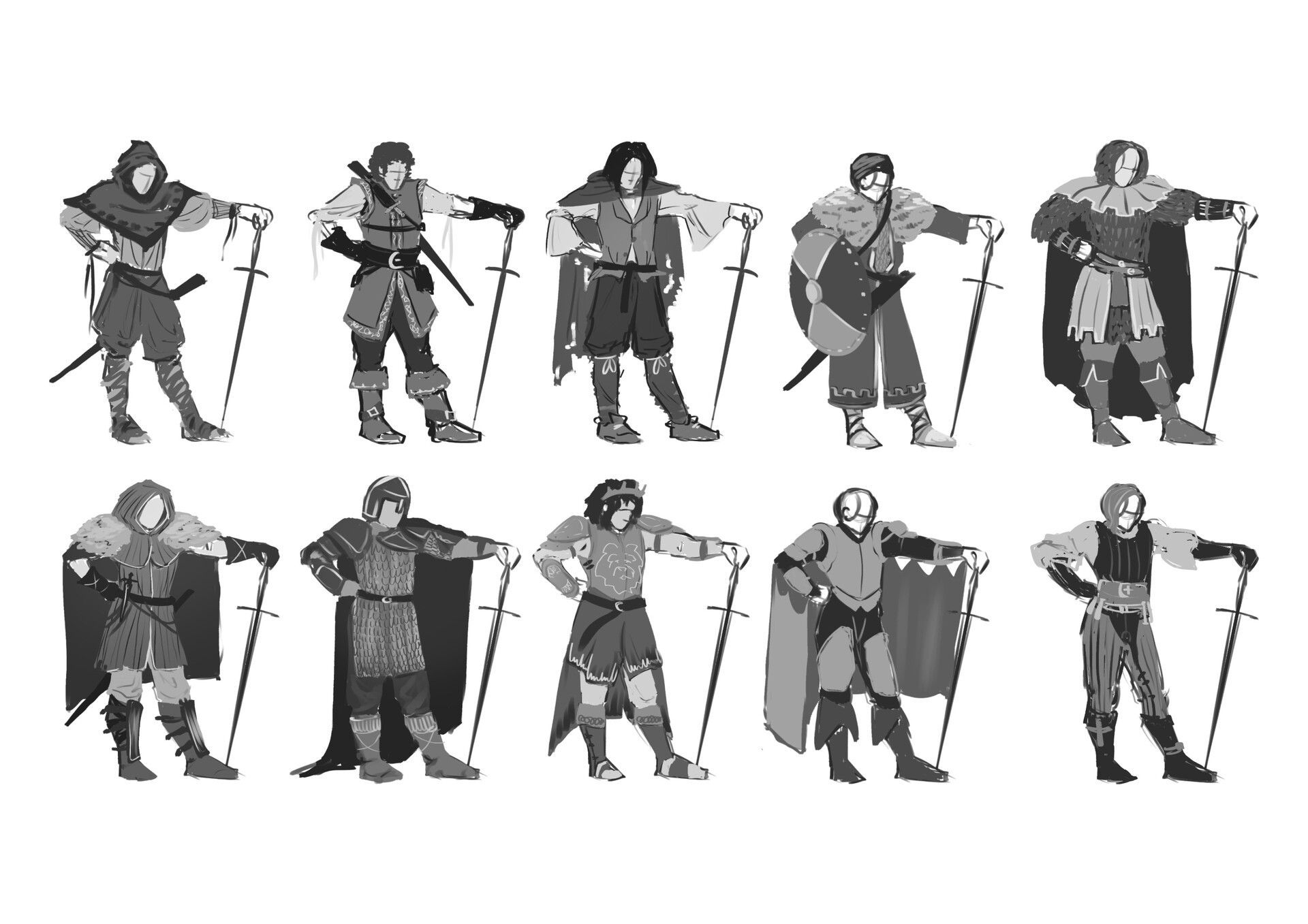Thumbnails, or monochrome sketches, of different medieval outfits for a knight