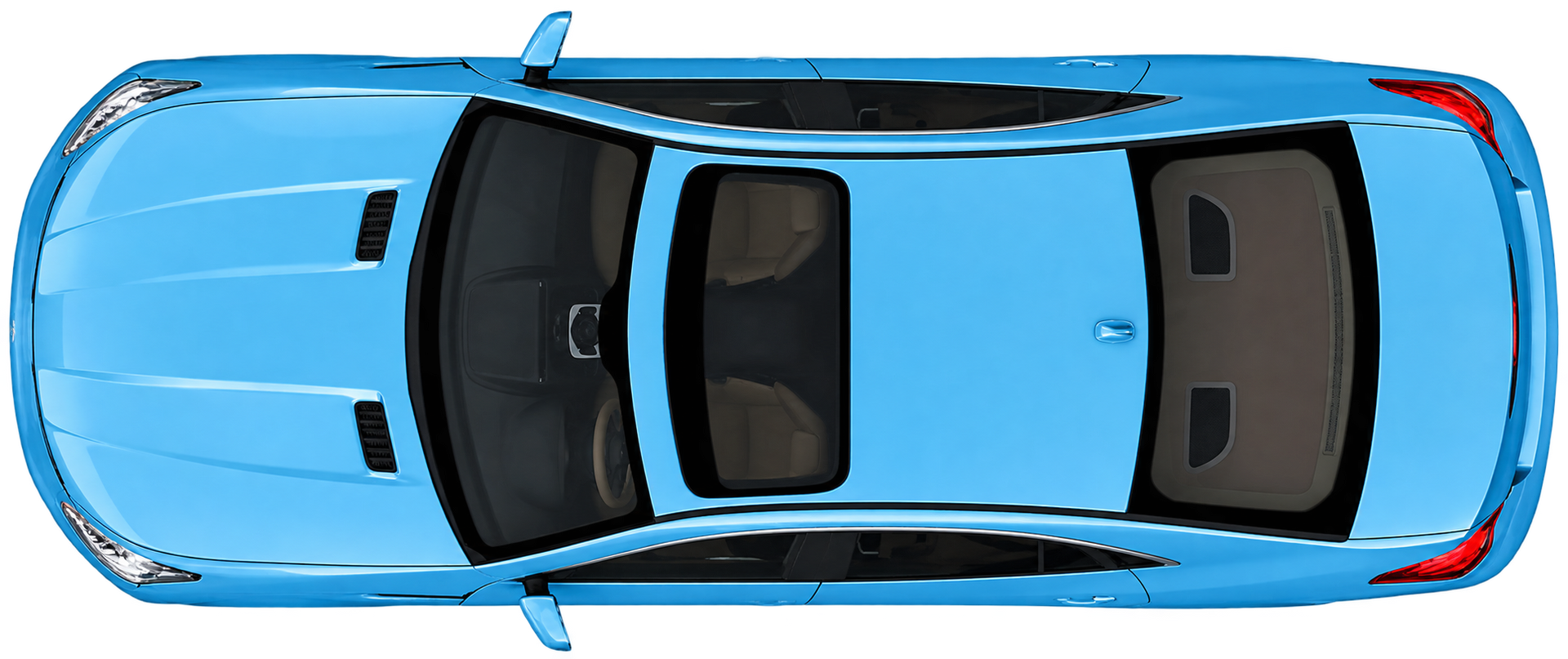 Top view of a bright blue convertible car with a black interior on a white background