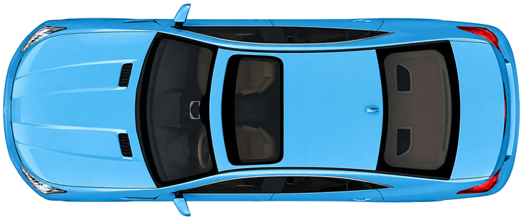 Top view of a bright blue convertible car with a black interior on a white background
