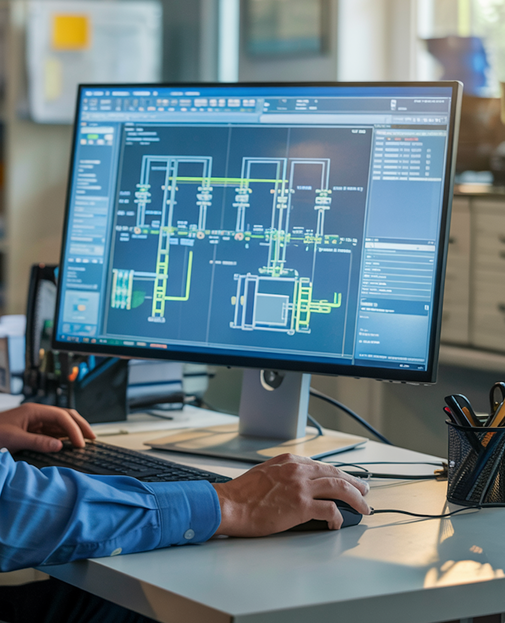 Persona che utilizza un computer, visualizza e interagisce con uno schema tecnico.