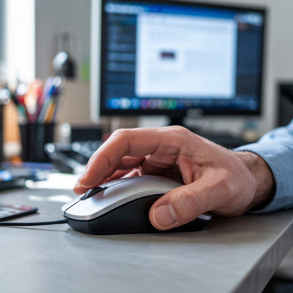 Mano di una persona su un mouse argentato e nero su una scrivania, con un monitor sullo sfondo.
