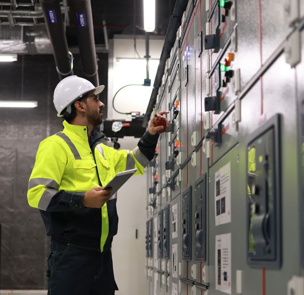 Ingegnere con casco bianco e giubbotto catarifrangente mentre ispeziona un quadro elettrico.