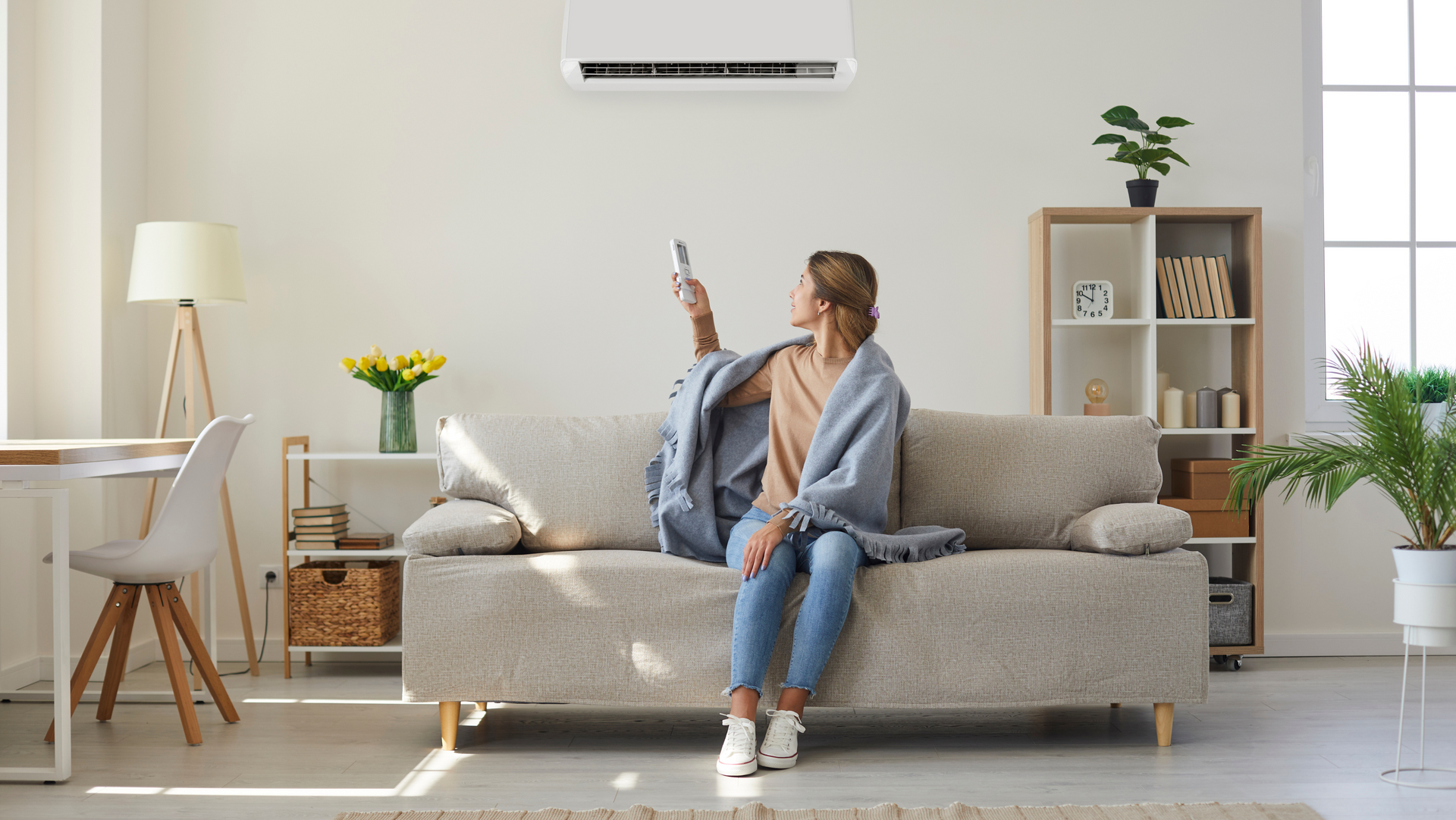 Woman on a couch, using a remote to control an air conditioner in a bright living room. She's wrapped in a blanket.
