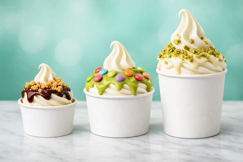 Persona che tiene in mano un parfait, con indosso una camicia verde acqua. Il parfait è composto da strati di salsa rossa, crema bianca e frutti di bosco.