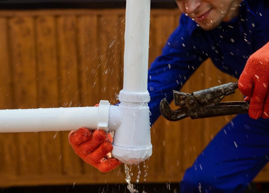 A man is fixing a leaking pipe with a wrench.