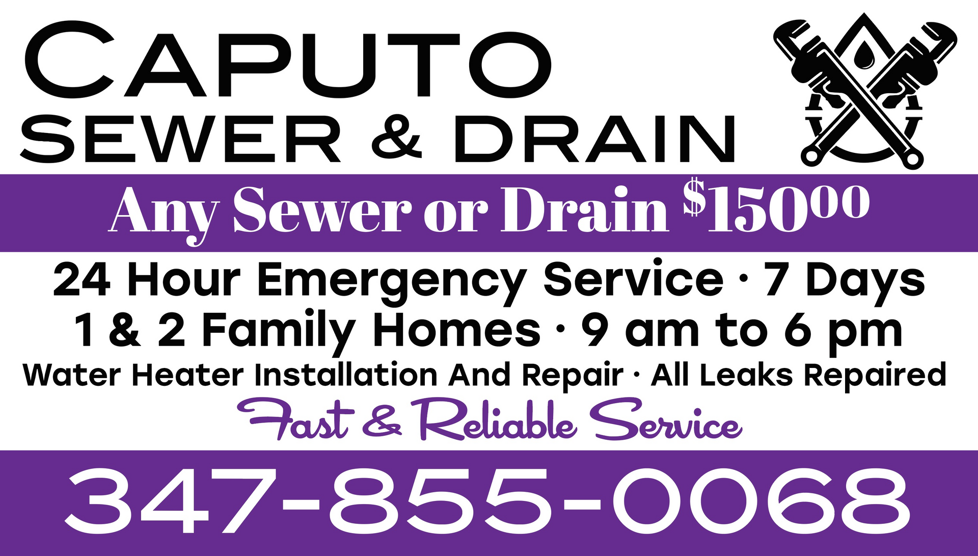 A purple and white sign for caputo sewer and drain