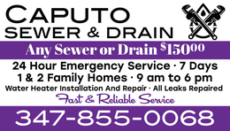 A purple and white sign for caputo sewer and drain