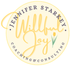 A circular logo for Jennifer Starkey Willful Joy, featuring yellow text and a tulip graphic on a cream background.